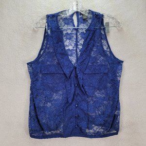 Y2K Wet Seal Midnight Blue Floral Sheer Lace Collar V Neck Sexy Sleeveless Top